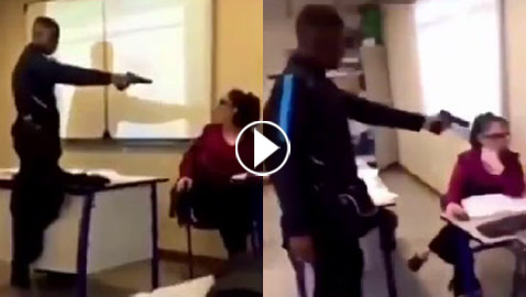 فيديو صادم.. تلميذ فرنسي يشهر مسدسا في وجه معلمته، وماكرون غاضب!