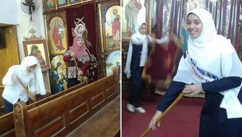 صور رائعة بألف كلمة.. فتيات مسلمات ينظفن كنيسة العذراء في مصر