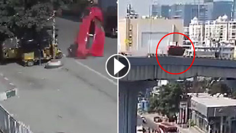سقوط سيارة من أعلى جسر على رؤوس المارة في الهند! فيديو