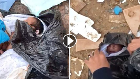 شاهدوا .. العثور على طفل رضيع داخل كيس أسود في حاوية نفايات