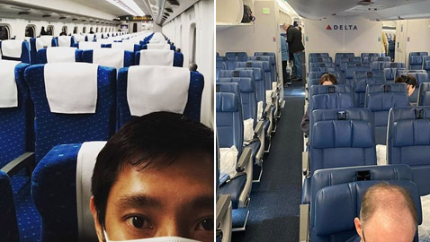 مسافرون يشاركون لقطات لرحلاتهم في طائرات شبه خالية بسبب كورونا