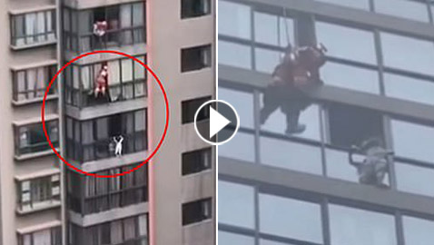 فيديو يحبس الأنفاس.. إنقاذ إعجازي لطفلة صينية عالقة بالطابق الـ14!