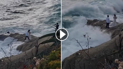 فيديو.. موجة عملاقة تفسد فرحة عروسين