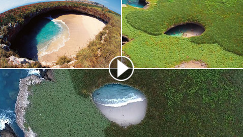 فيديو مدهش: شاطئ خفي مختبئ داخل فوهة انفجار قنبلة على جزيرة بالمكسيك