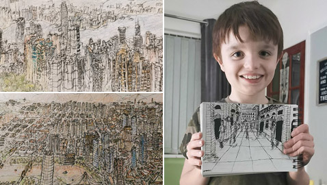 رغم إصابته بالتوحد طفل بريطاني يبدع بتميز برسم مدن عالمية! صور