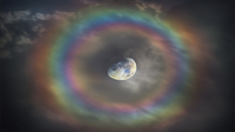 بالصور: ظاهرة نادرة ومدهشة للقمر محاطا بهالة قوس قزح سماوي!