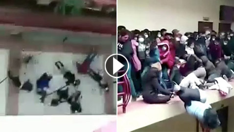 فيديو صادم لشرفة تنهار بطلاب جامعة وسقوطهم من الطابق الرابع!